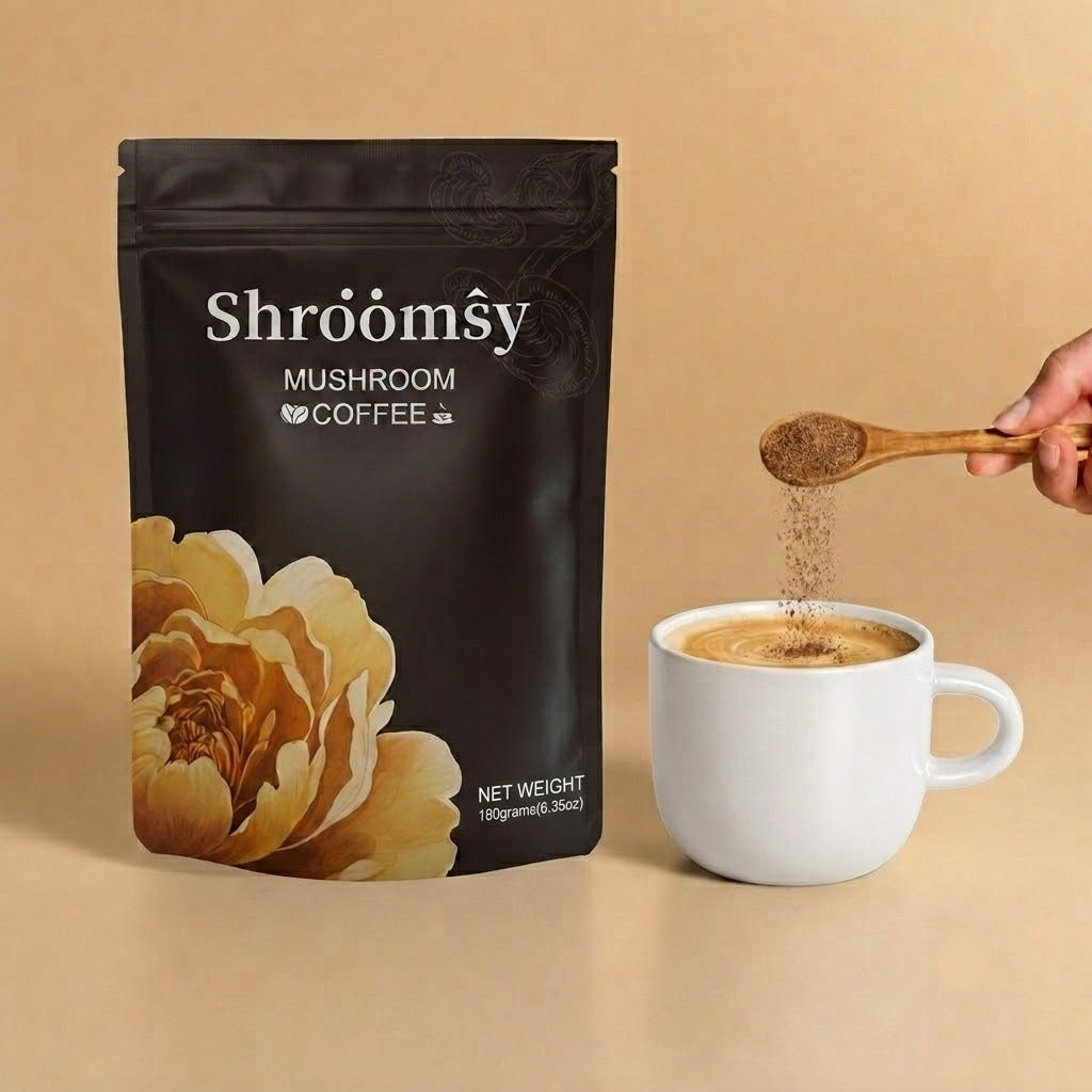 Shroomsy Mushroom Coffee pouch beside a mug being prepared